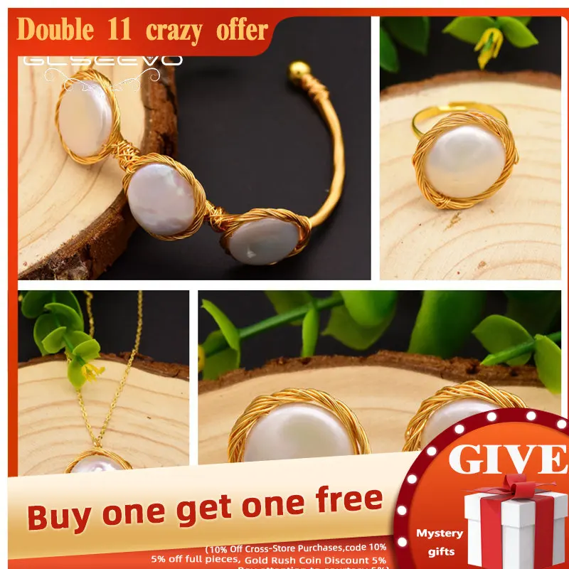 

GLSEEVO Handmade Natural Fresh Water Baroque White Pearl Ring Necklace Earrings Bangle Sets For Women Fine Jewellery Sets GS0004