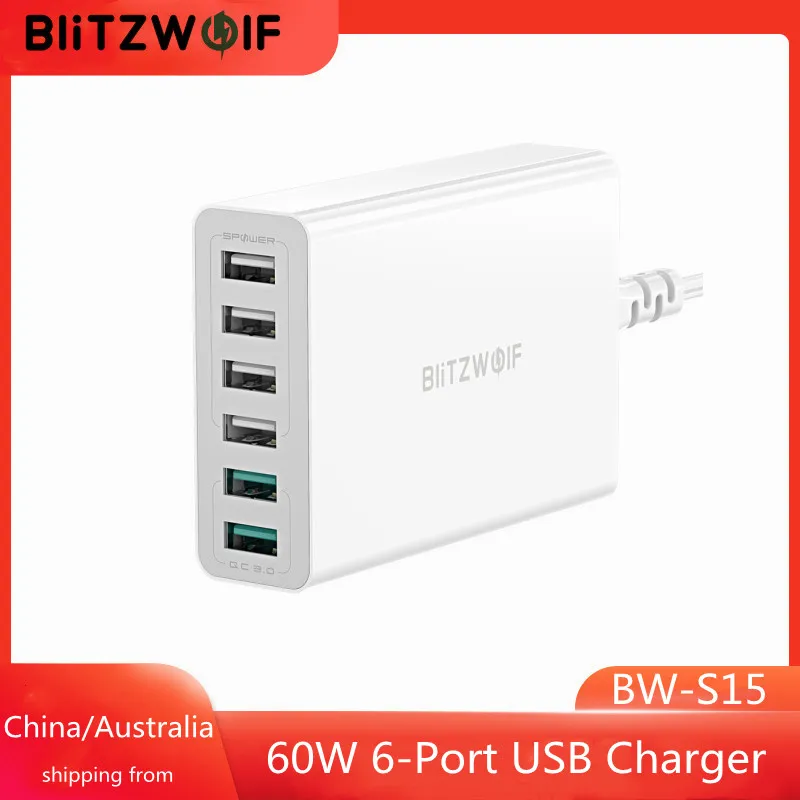 

BlitzWolf BW-S15 60W 6-Port USB Charger Dual QC3.0 Desktop Charging Station Smart Charger EU AU US Plug Adapter Phone Chargers