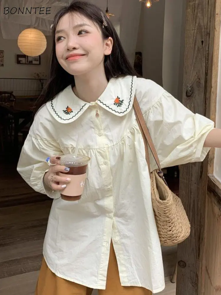 

Peter Pan Collar Shirts Women Print Sweet Simple Spring Loose Preppy Style Puff Sleeve Daily Ulzzang All-match Students Fashion