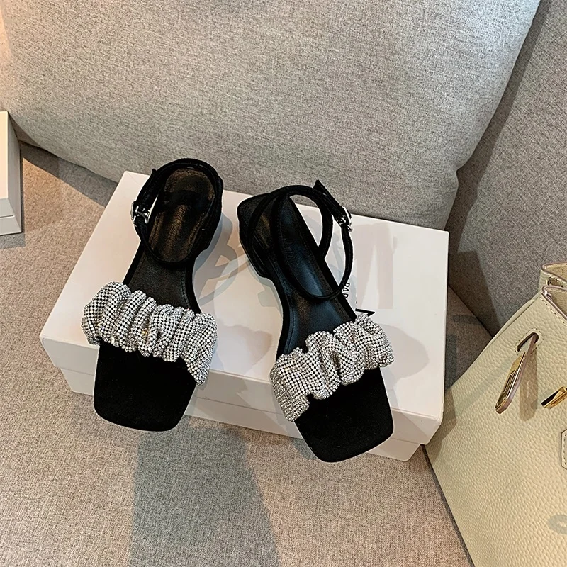 

Summer Sandals Crystal Kid Suede Fashion Buckle Strap Women Shoes Brand Design Square Heel 3 CM TPR Bottom