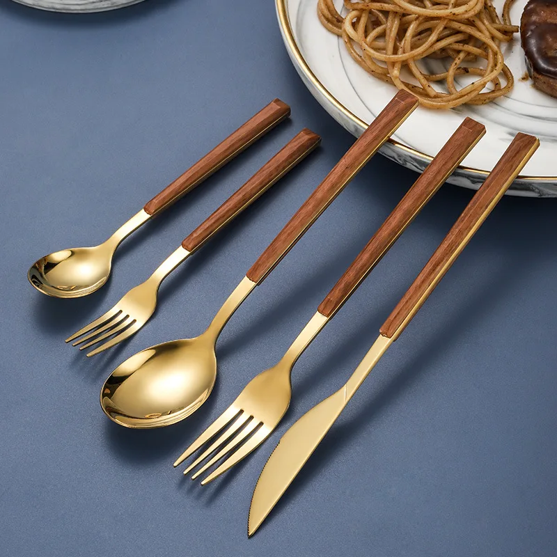 

5pcs Long Wooden Handle Cutlery Set Thickened Stainless Steel Tableware Camping Forks Knives Spoons Utensils for kitchen