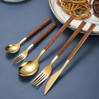 5pcs long wooden handle cutlery set thickened stainless steel tableware camping forks knives spoons utensils for kitchen
