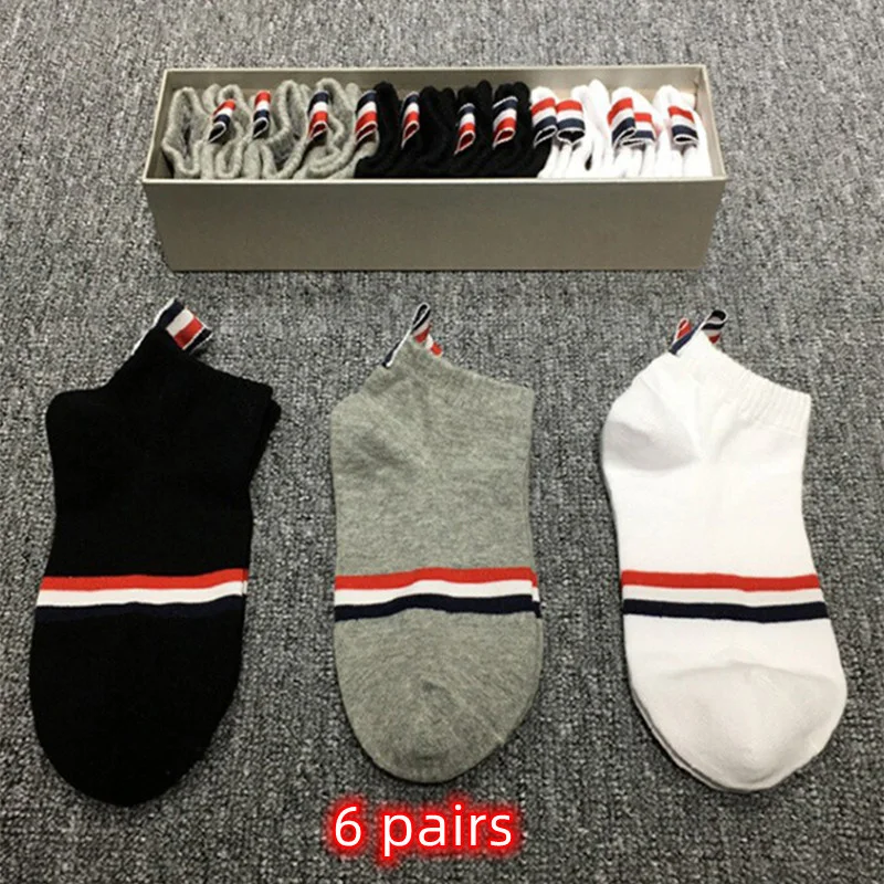 

THOM Men's TB 6 Pairs Luxury Brand Ankle RWN Stripes Socks Cotton Summer Sport Fashion Harajuku Boys Girls Stockings