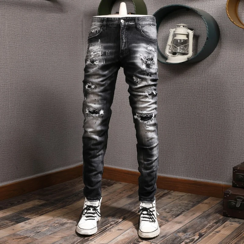 Streetwear Fashion Men Jeans Retro Black Gray Stretch Slim Ripped Jeans Men Hole Trousers Patched Designer Hip Hop Pants Hombre