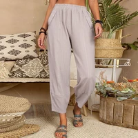 summer casual women pants solid color elastic waist ankle length fashion straight pants home leisure