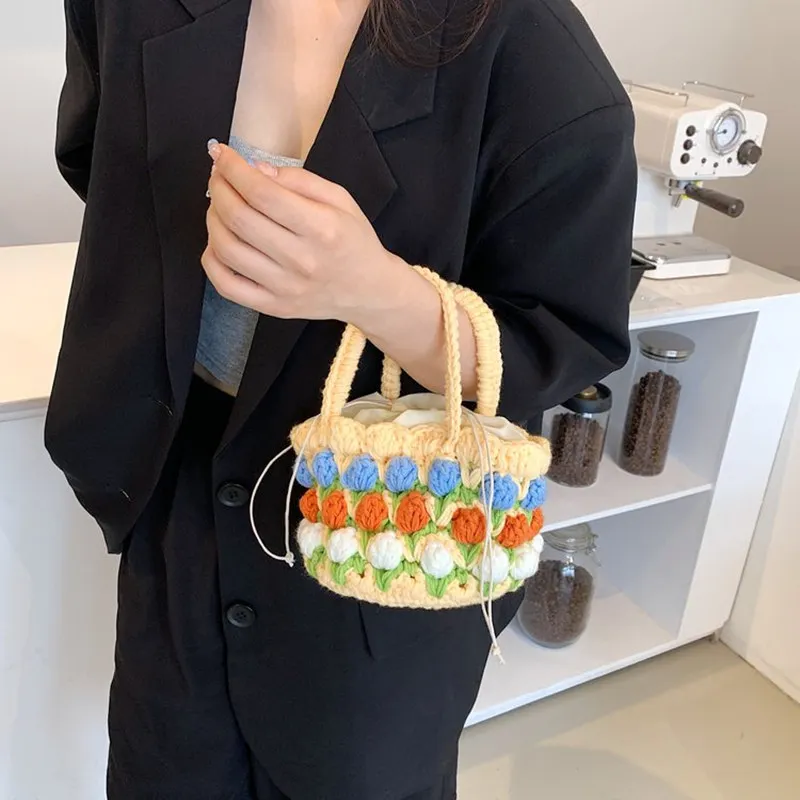 

Повседневные вязаные женские сумки на плечо с цветами, плетеная женская сумка ручной работы, Хлопковая Сумка-тоут, Женская дорожная пляжная...