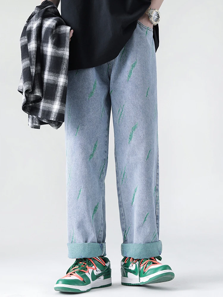 Men's Clothing Graffiti Men's Wide -leg Jeans Casual Men Straight Jeans Fashion Hip -hop Street Loose Pants Boyfriend Wind Jeans