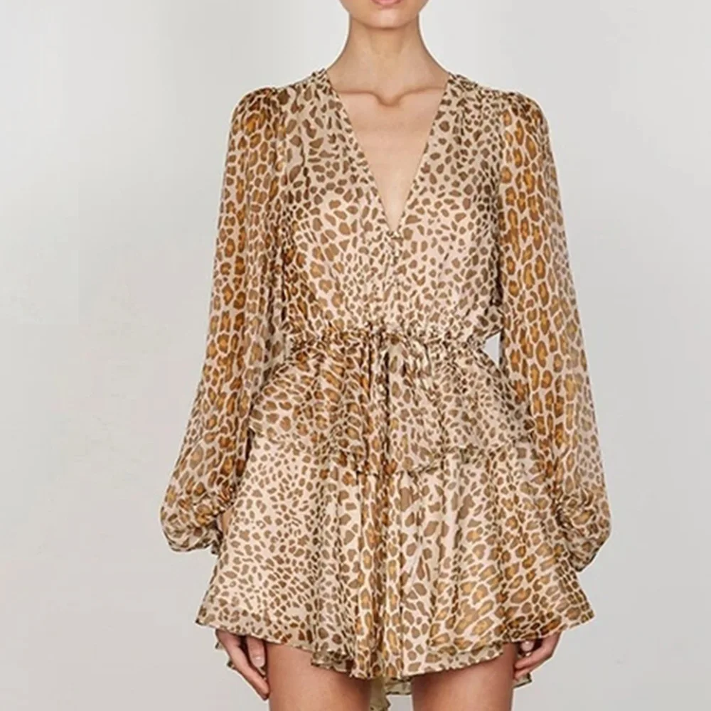

Винтажные летние платья с глубоким V-образным вырезом и оборками, Повседневная пляжная одежда 2022, элегантное богемное платье с длинным рукавом и леопардовым принтом для женщин