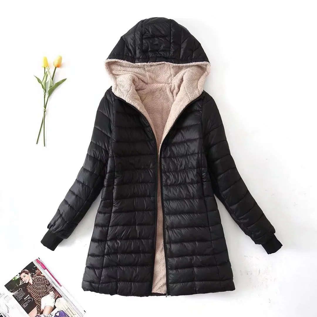 

2023 Autumn Winter Women's Mid-length ded Coat Casual Lightweight Plush Lining Solid Ladies Loose Female Zipper Outwear