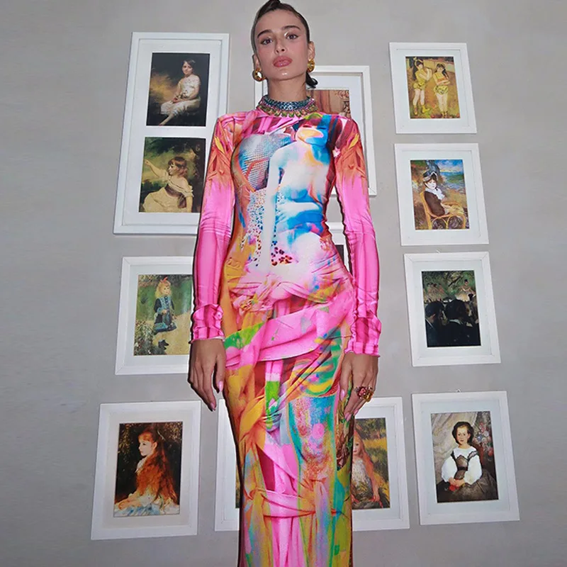 

Женское облегающее платье с длинным рукавом и принтом, осень 2022