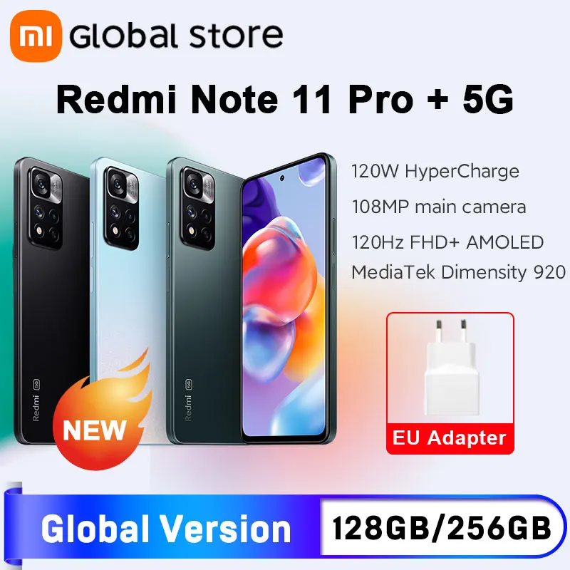 Глобальная версия смартфона Xiaomi Redmi Note 11 Pro + 5G 128 ГБ/256 ГБ Восьмиядерный Dimensity 920 120 Вт HyperCharge 120 Гц AMOLED 108MP - смартфоны