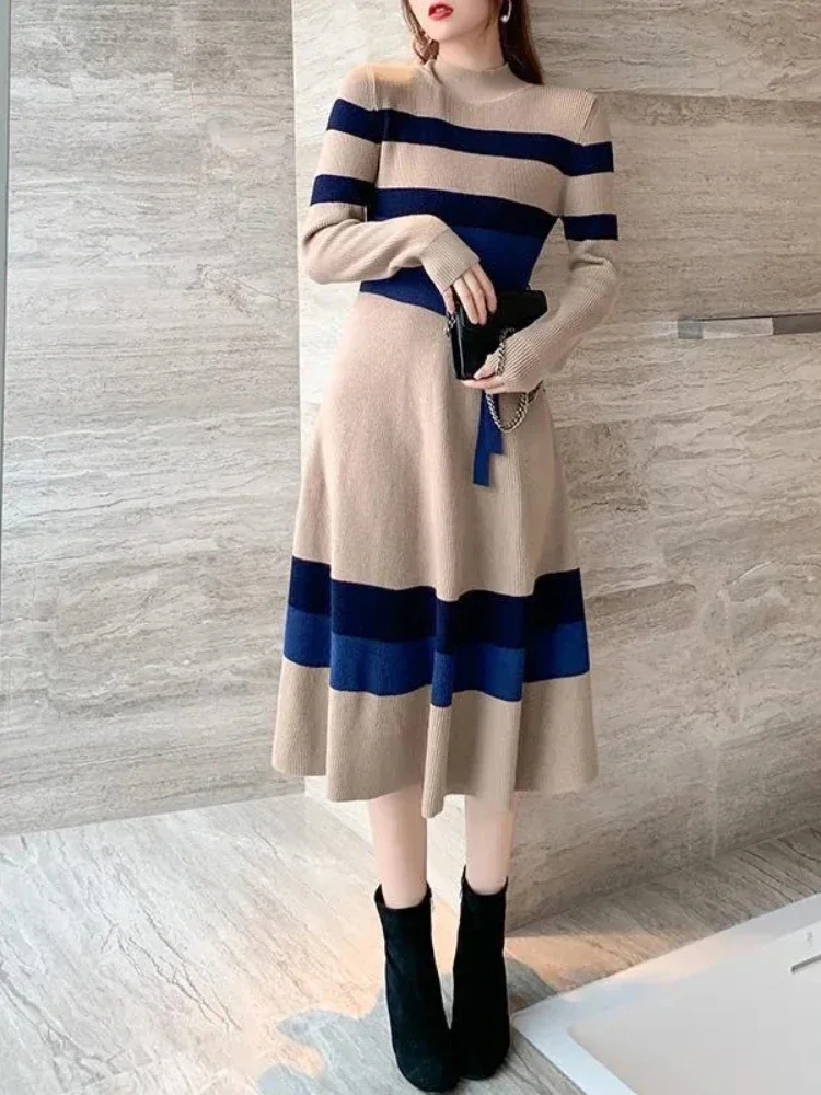 

Elegant Fashion Striped Thicken Sweater Dresses Women 2023 Autumn Winter Retro Knitted Dress Woman Korean Long Sleeve Midi Dress
