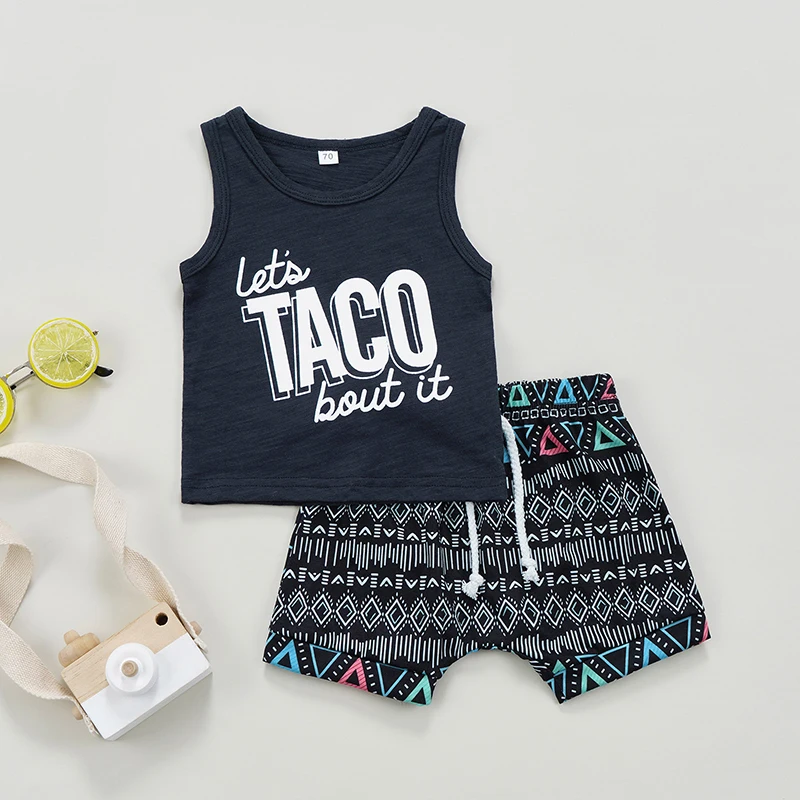 

0-3 Years Sleeveless Letter 2 Pieces Kids Suit Set, Letter Print Round Neck Camisole+ Geometry Print Short Pants for Boys