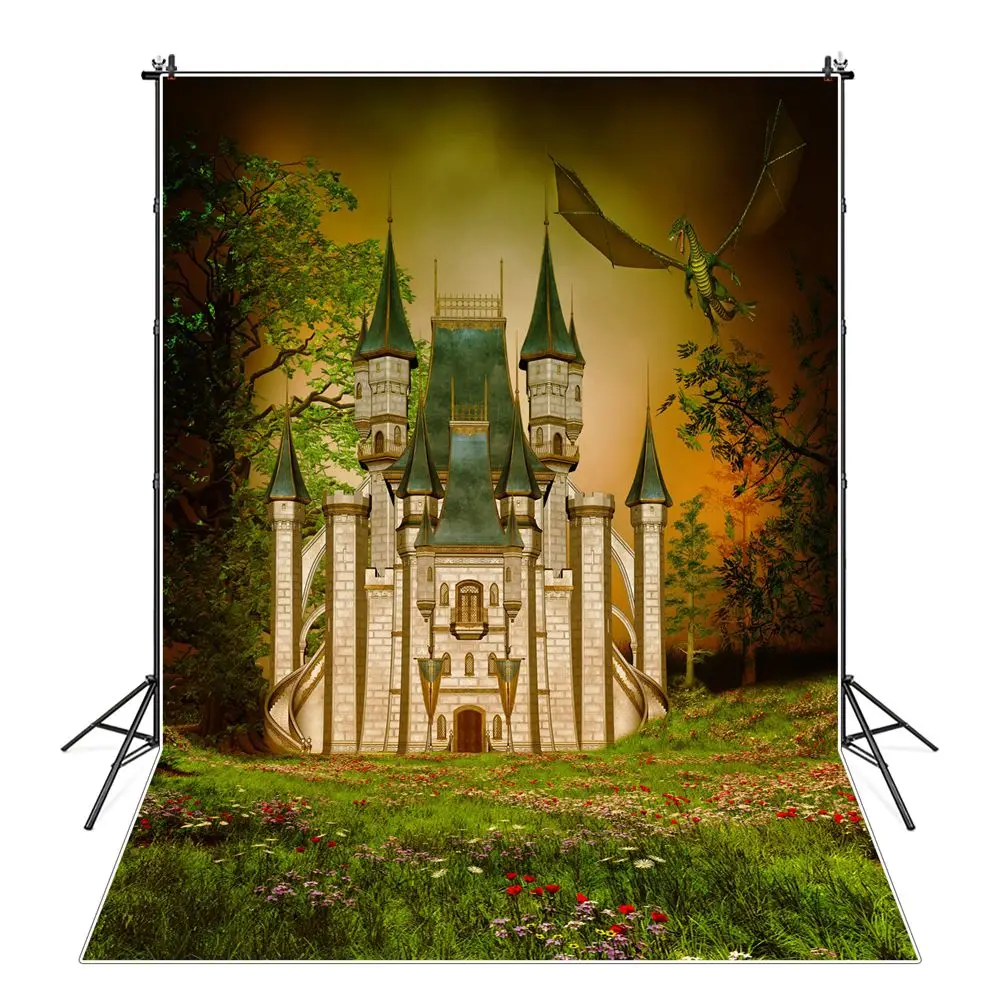 

Castle Fairy Tale Photography Backgrounds Forest Magic Queen King Flying Dragon Birthday Backdrops Photographic Portrait Props