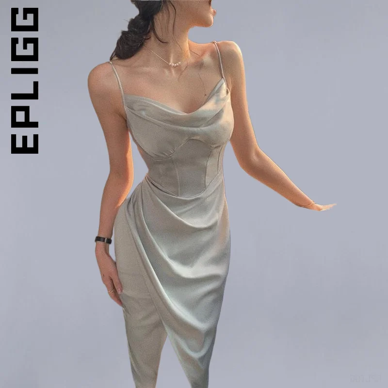 

Epligg Dress Women Ruched Midi Dress Spaghetti Strap Sexy Bodycon Slim Cheap Dresses Girl Vestidos Female Dress Woman