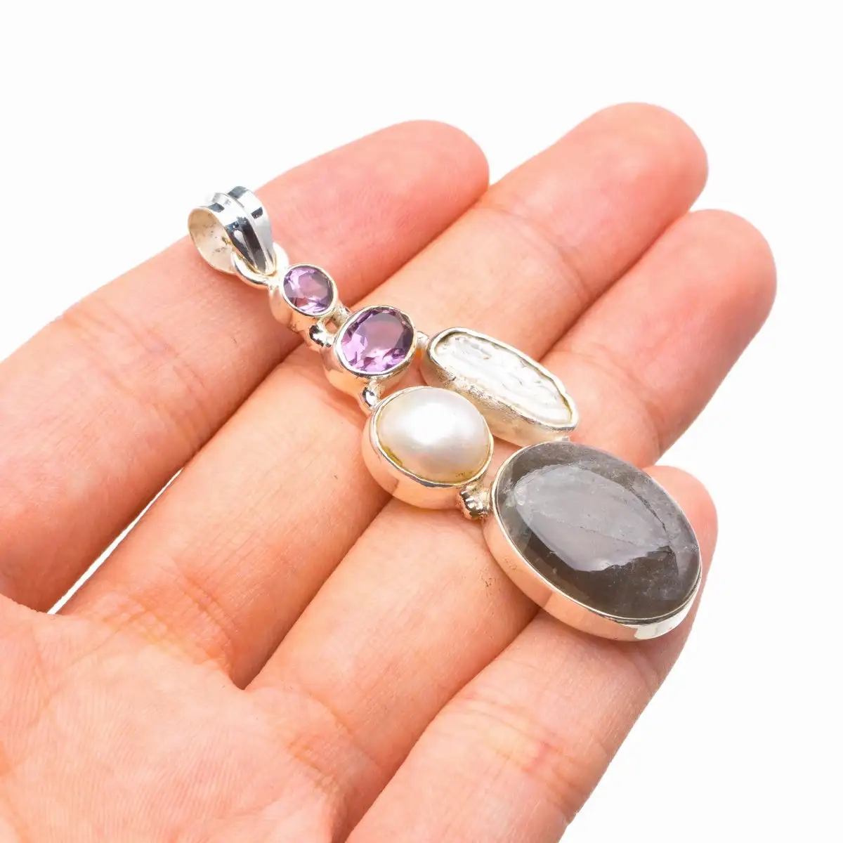 Синий огонь Лабрадорит жемчуг Biwa и Аметист ручной работы 925 пробы серебряный