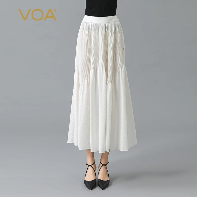 

VOA 100% Real Silk Double Craft Jacquard White Skirts Womens Natural Waist Fold Invisible Lady Temperament Summer Skirt CE82