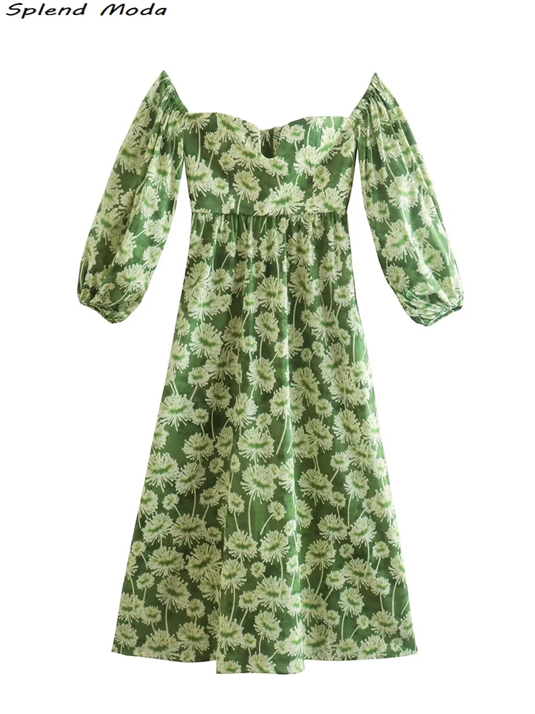 

Splend Moda 2022 Women Fashion Autumn Sweet Chic Floral Print Midi Dress Vinatge Style Long Sleeve Zipper Party Dresses