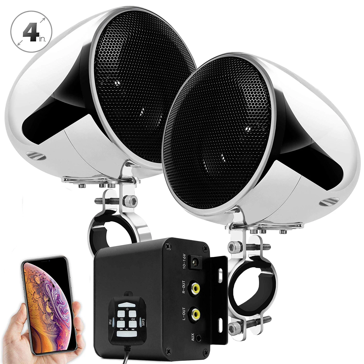 With Multimedia Stereo Amplifier, 4 Inches Waterproof Speakers, Bluetooth, Fm Radio, Aux Mp3