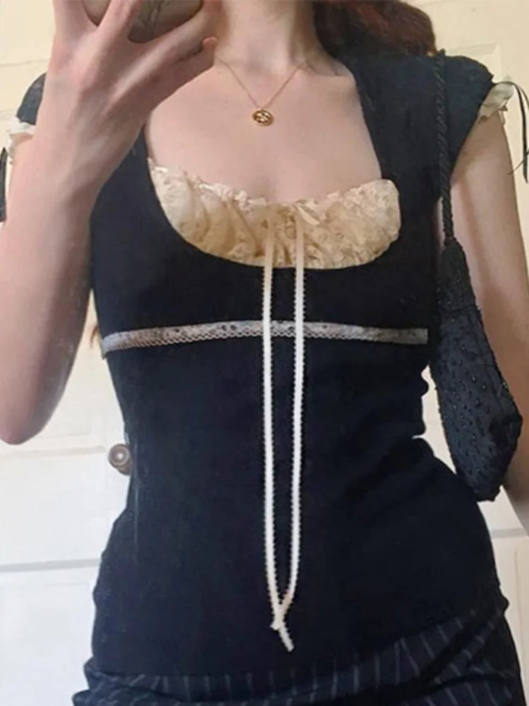 Y2k Укороченный топ с кружевной отделкой и бантом милая футболка коротким рукавом