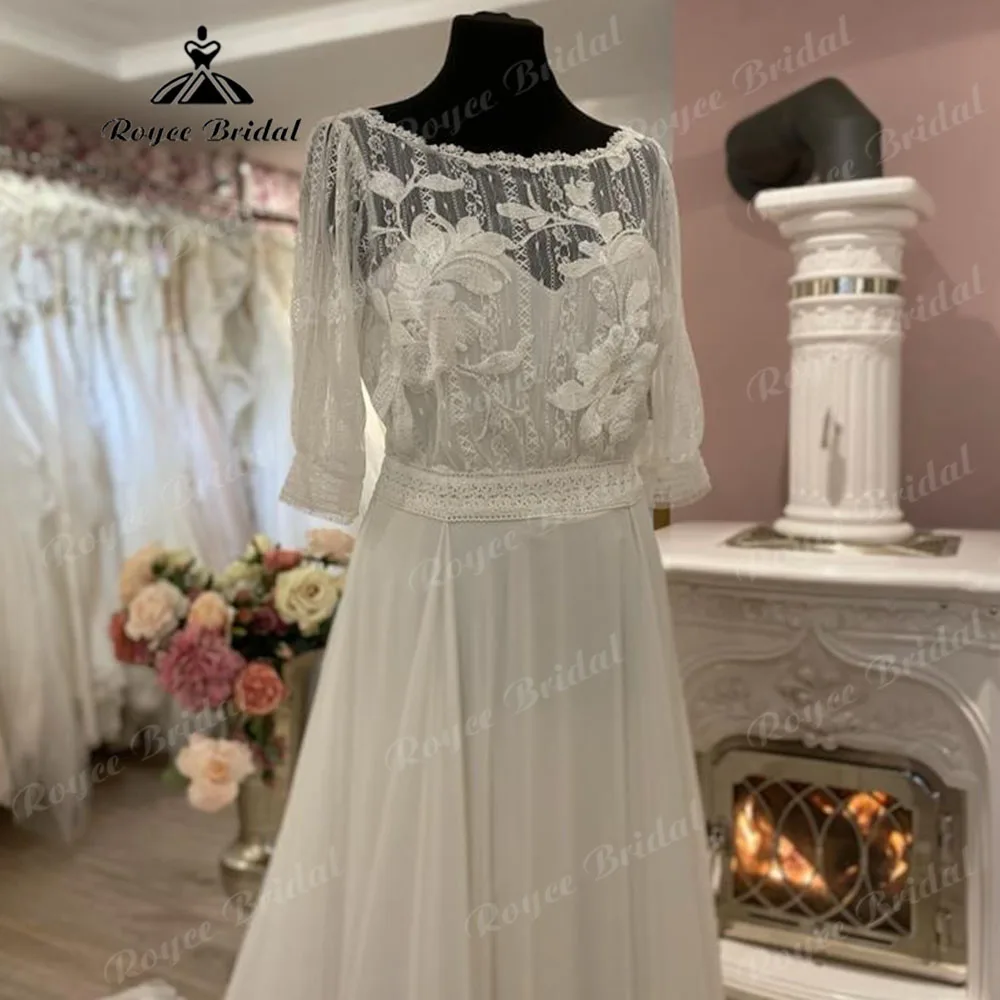 

Elegant Lace Bodice Chiffon Boho bohemian Wedding Dress Women 2024 Three Quarter Bridal Gown Sleeve abito da sposa Roycebridal
