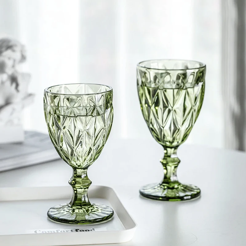 

1 Piece Factory Wholesale 300ml 10oz Color Material Glass Goblets Vintage Emboss Glass Cup Machine Pressed
