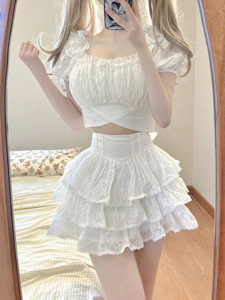 

2023 New Summer HotSweet 2 Piece Set Women Shirt Blouse Crop Top + High Waist Cake Skirt Suits Korean Fashion Two Piece Sets