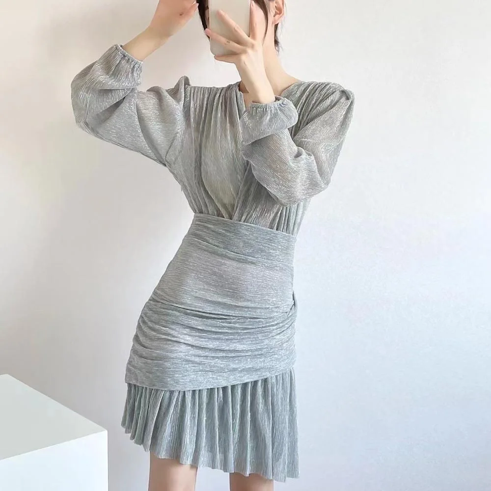 

Women's Shiny Silver Thread Long Puff Sleeve V-Neck Wrap Waist Pleated Party Mini Dress