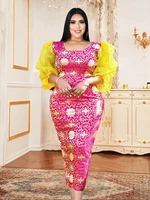 pink printed dress plus size 4xl lantern sleeve o neck sexy bodycon slim fit gowns outfits for ladies evening birthday party new