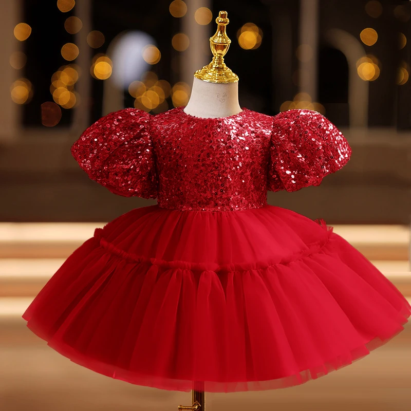

Baby Girl Summer Puff Sleeve Ball Gown 12M Girls Red Sequined Birtgday Party Fluffy Princess Dress Girls Formal Pageant Clothes