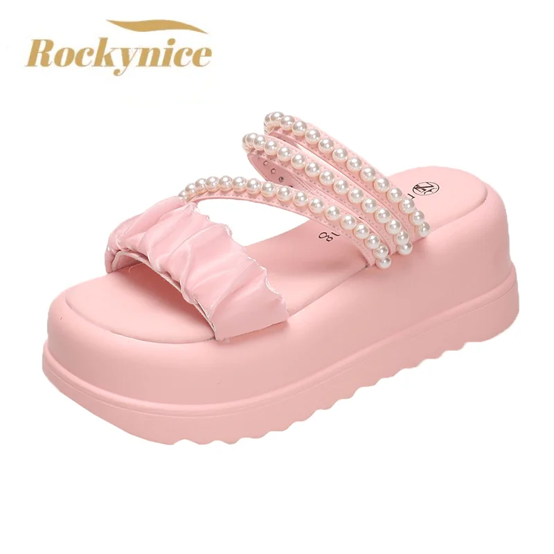 Women Pearl Wedge Sandals Summer 2023 Chunky Platform Slippers for Woman Thick Bottom Beach Flip Flops Gladiator Sandalias Mujer