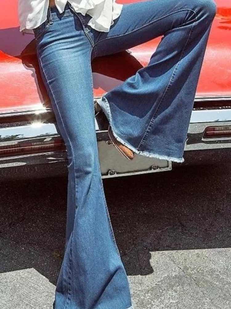

SVOKOR Women's Vintage Low Waist Denim Ruffled Flared Trousers Sexy Butt Lift Pants Elastic Slim Tights Fashion Streetwear