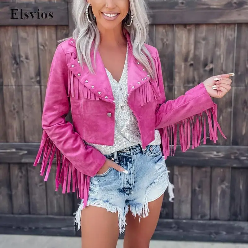 

Женская замшевая куртка с длинным рукавом, повседневная куртка в стиле панк с длинными рукавами, кисточками и заклепками, с воротником с лац...