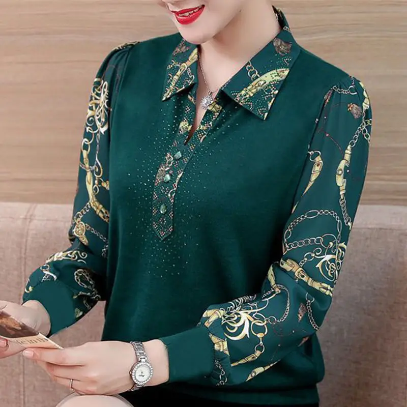 

L-5xl Womens Polo Shirts Autumn Spring Female Tops Tees Long Sleeve Print Turn-down Collar Loose Casual Ladies Clothes H49