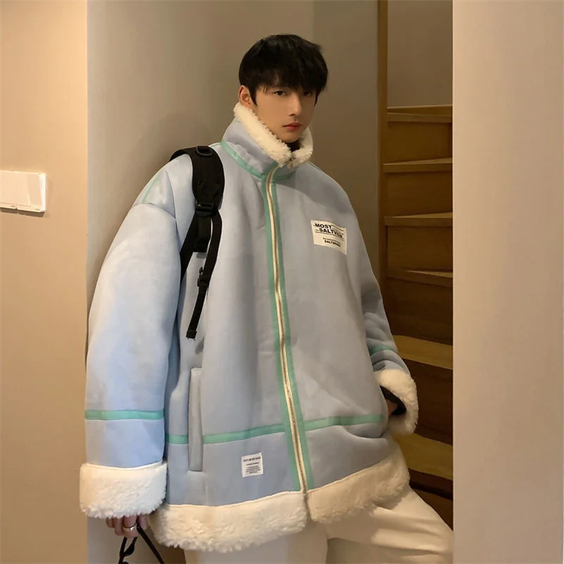 Winter Fur Integrated Men's Loose Parkas Thicken Warm Stand Collar Unisex Jackets Korean Style Male Casual Coats mens jackets