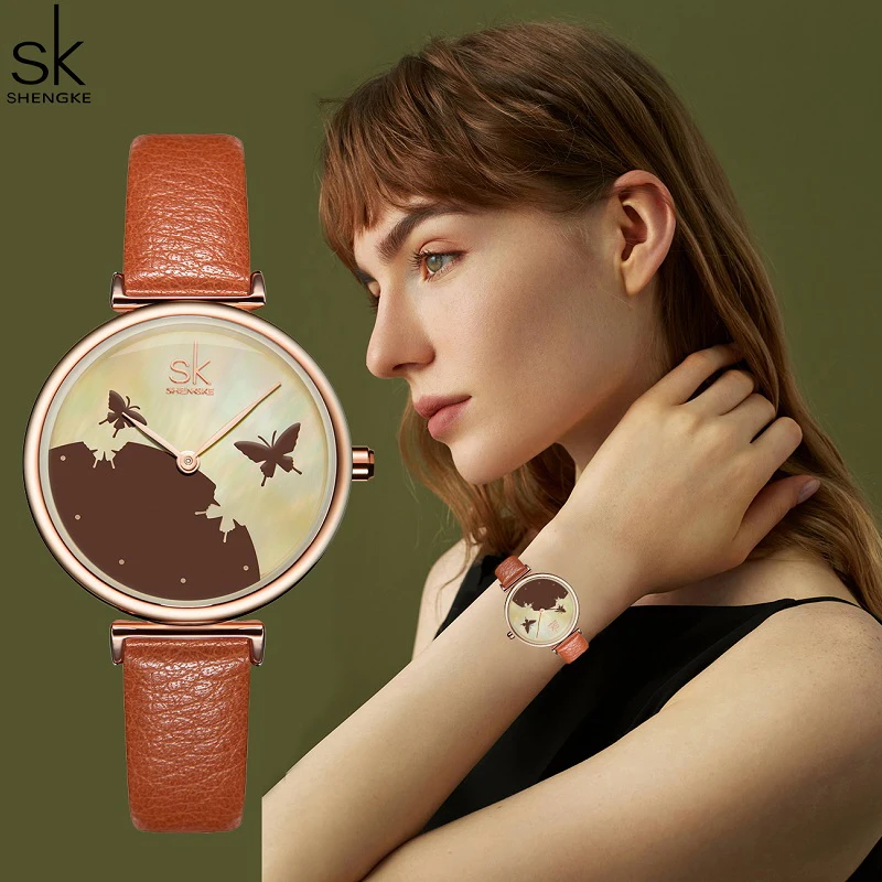 Shengke Fashion Women Watches Creative Butterfly Design Woman's Quartz Wristwatches PU Strap Ladies Casual Clock Montre Femme