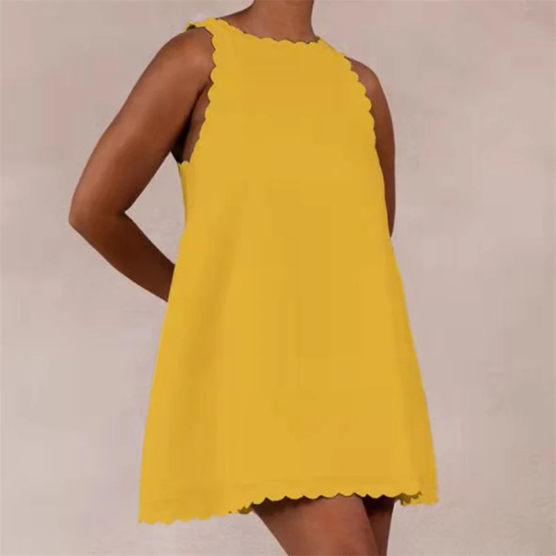 

Solid Cotton Linen Mini Dress Women Fashion Simple Wave O Neck Party Dress Casual Summer Sleeveless Tank Loose Beach Dress New
