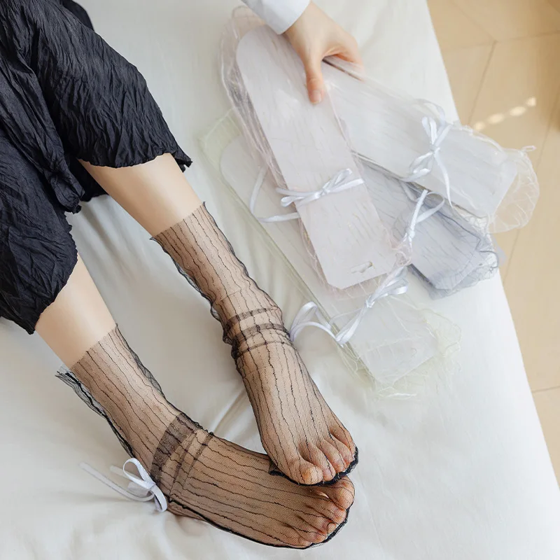 

Summer Women Socks Ultra-thin Transparent Mesh Lace Loose Long Socks Women Korean Fashion Solid Color Bandage Kawaii Cute Socks