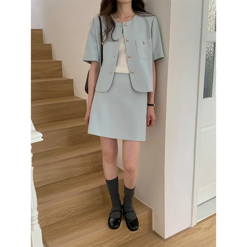 TG Short Sleeve Single breasted Small Fragrant Coat High Waist A-line Short Skirt Two Piece Set for Women 2023 Summer New 19330