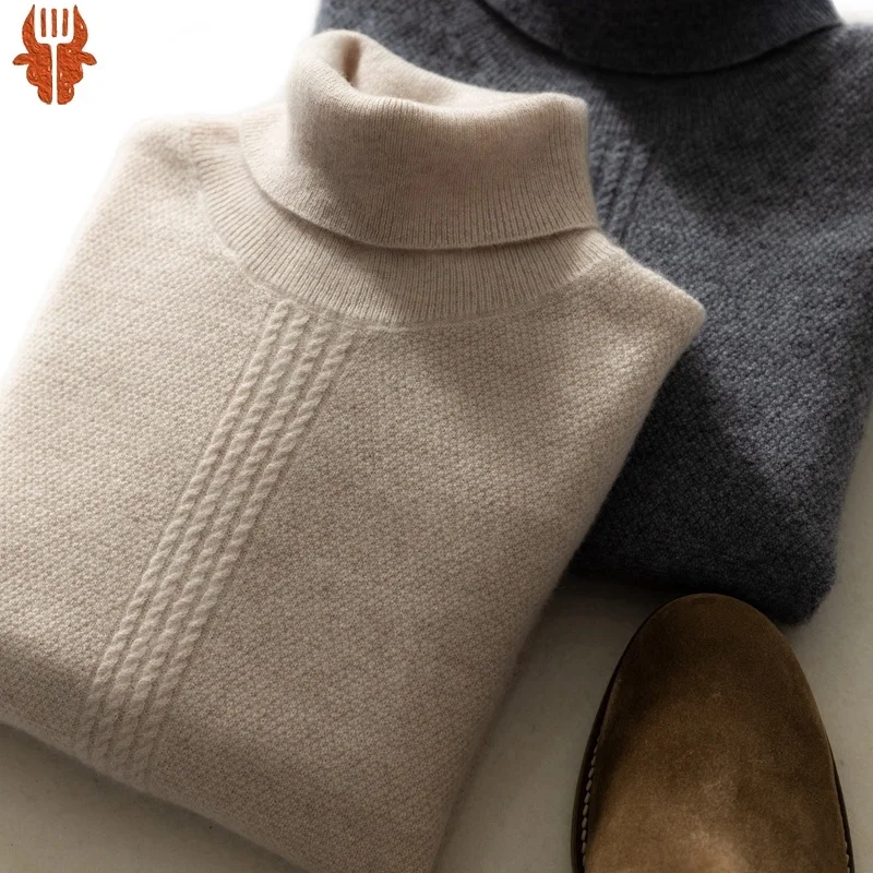 

100% Cashmere Sweater Men's High lapel Pullover 2023 Autumn and Winter Thickened Twisted Knit Undercoat Fashion and Warm