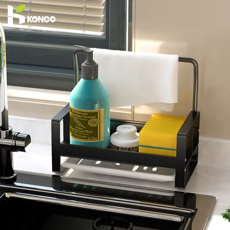 

2023 Kitchen Organizer Sink Rack Space Aluminum Sponge Holder Towel Rack Soap Brush Holder with Drain Pan Kitchen Drying Rackst