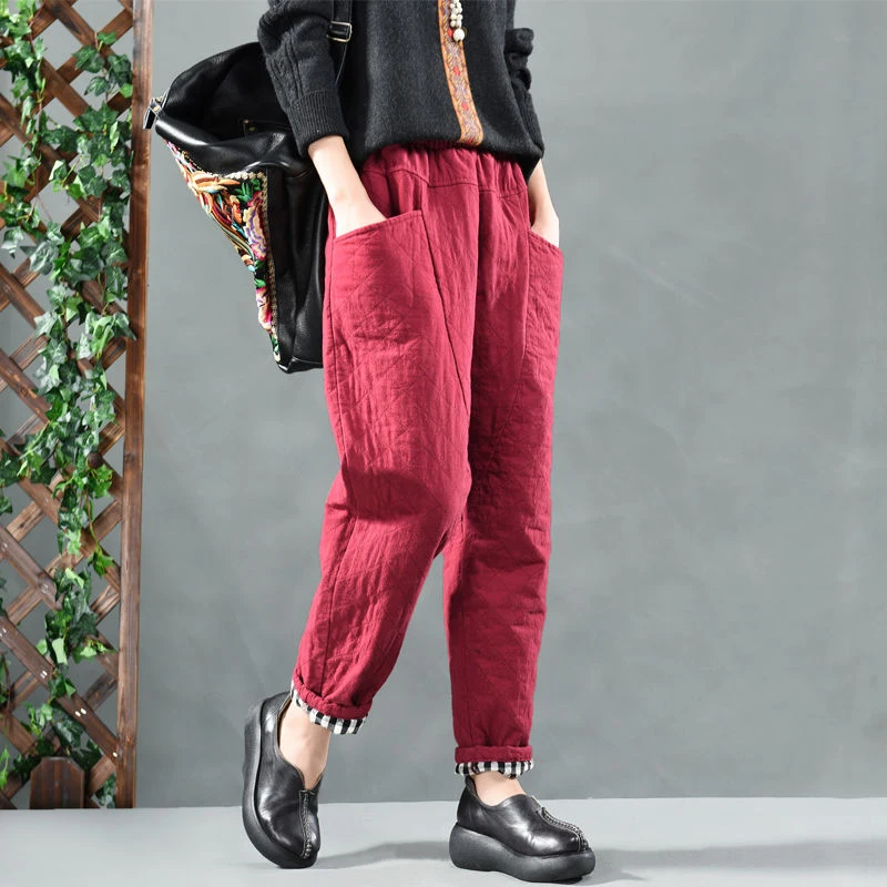 

Autumn Winter New Arts Style Women Elastic Waist Loose Cotton Linen Harem Pants quilted Cotton Big pocket Vintage Pants S404
