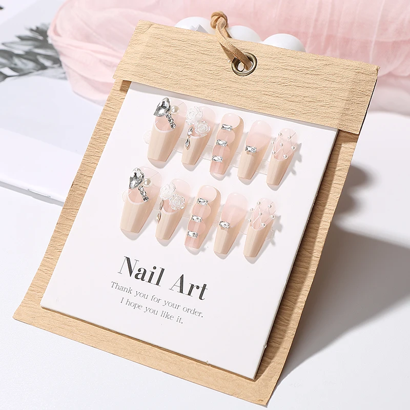 10 шт. балетные французские накладные ногти ручной работы белая камелия стразы