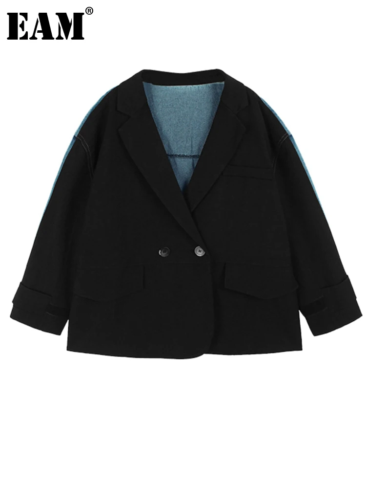 

[EAM] женский черный Джинсовый блейзер большого размера с цветными блоками, новая свободная куртка с длинными рукавами и лацканами, модная демисезонная 2023 1DH1004