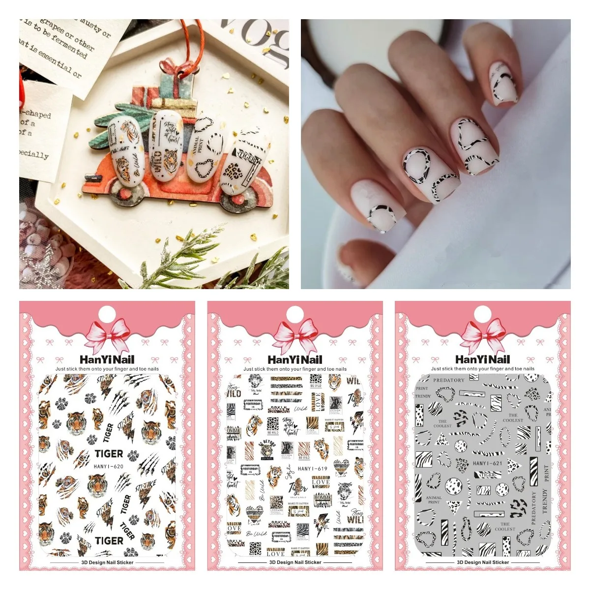 

3pcs/pack Exquisite HANYI 614-622 Nail Stickers New Year of The Tiger 3D Nail Enhancement Sticker With Back Glue ForDIY