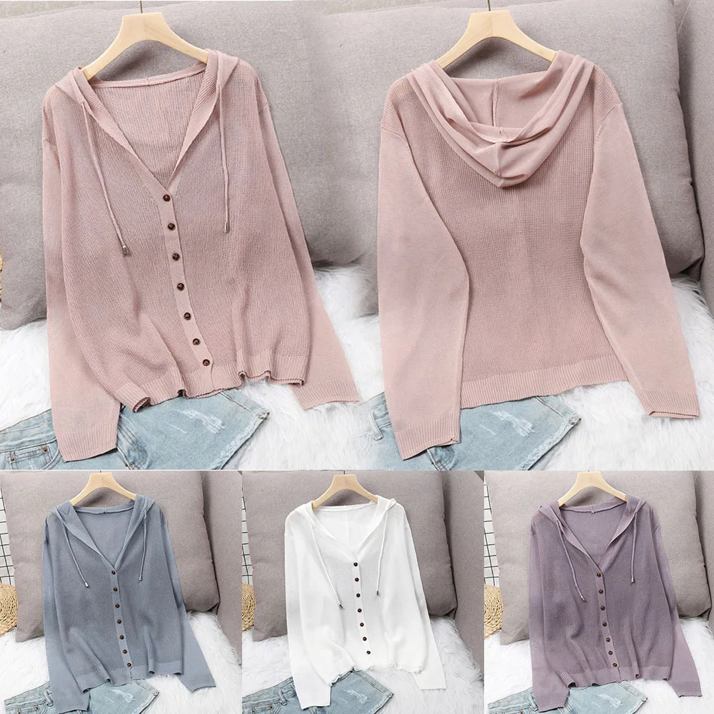 

Womens Cardigan Very Thin Long Sleeve Hooded Summer Ladies Knitted Top Cardigan Sunscreen Tops Long Sleeve Coat Solid Buttons