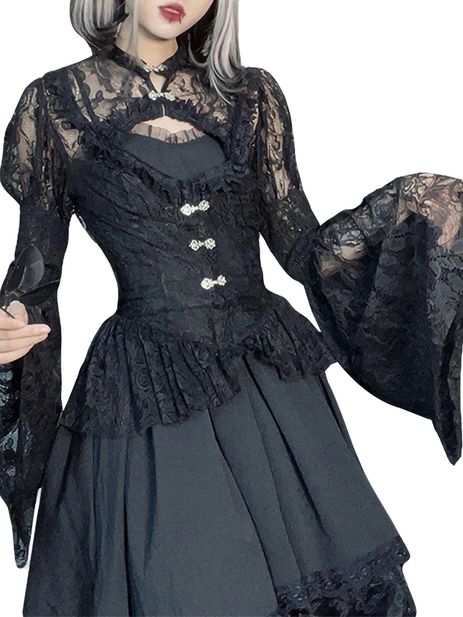 

Женская прозрачная рубашка с цветочным кружевом, черная блузка в готическом стиле, ажурный пуловер с длинным рукавом