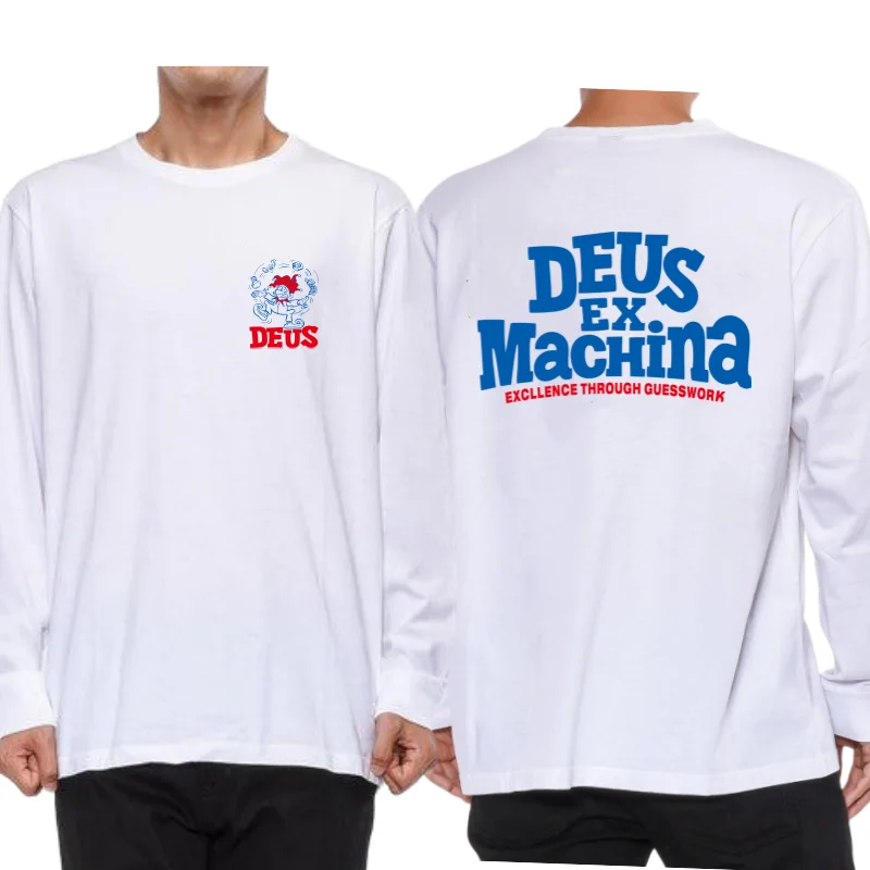 Повседневные Удобные белые футболки с длинным рукавом и графическим принтом DEUS EX