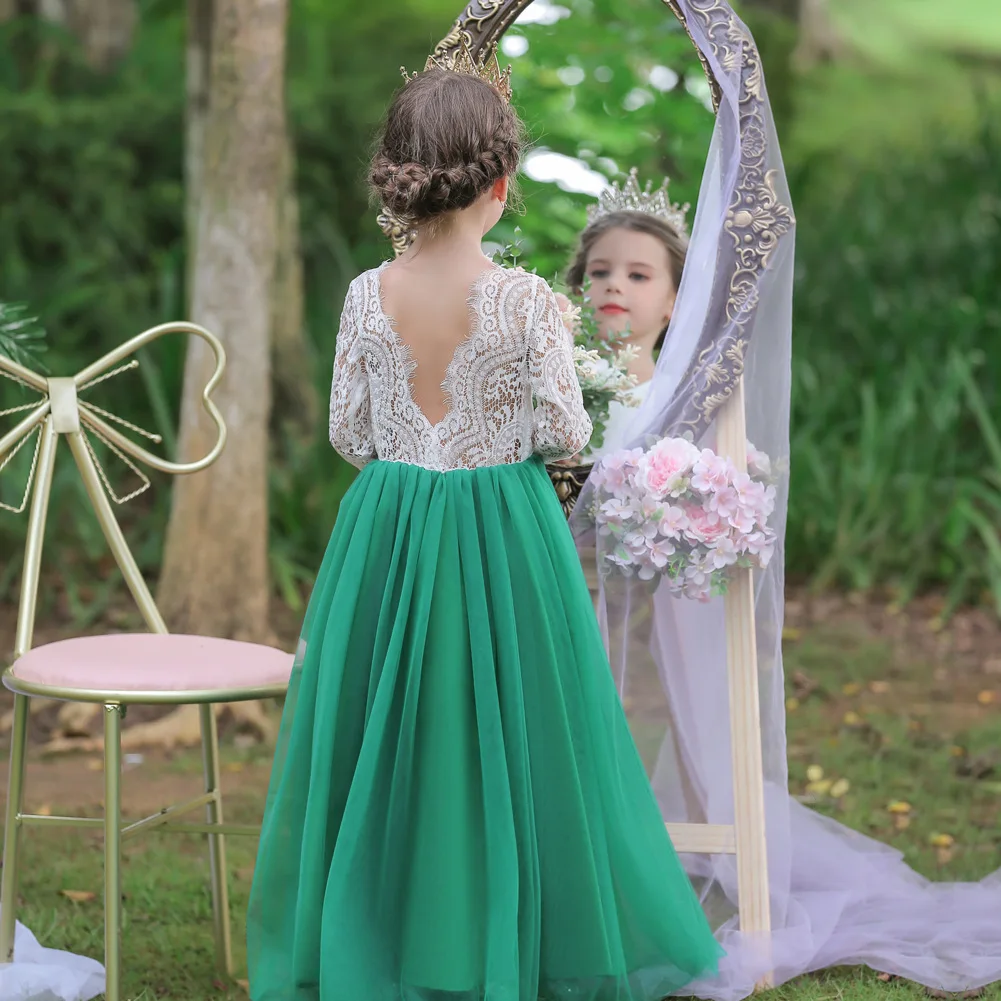 

Summer 2022 New Arrivals Girls Long Sleeve Patchwork Backless Green White Roupa Infantil Menina Cute Party Dress Custume 3-12T