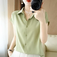 summer chiffon lapel shirt womens short sleeved new style thin high end design sense cover belly thin niche top